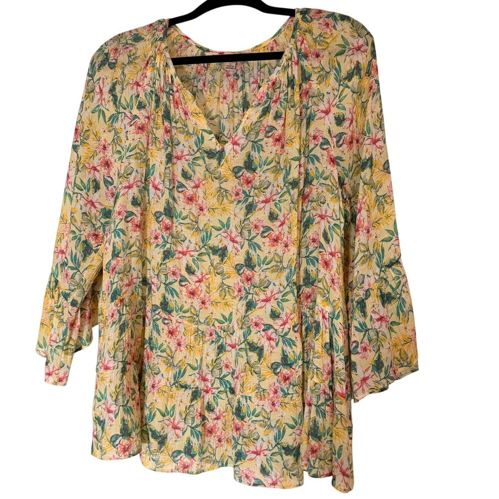 Counterparts Womens L Floral Tunic Blouse Bell Sleeve Boho Tiered Flowy Top